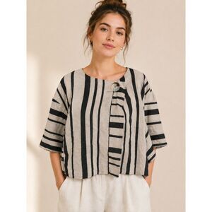 Alembika Striped Boxy Linen Cotton Blend Short Sleeve Lagenlook Artsy Top